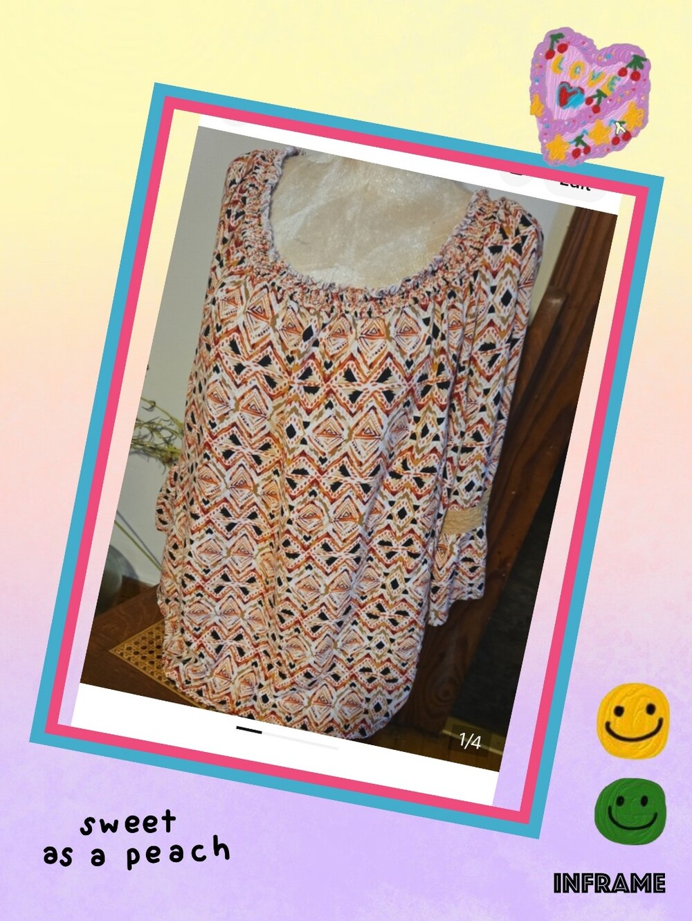 Faded Glory Geometric Peasant Top in Ivory, Rust and Black Size Xxl